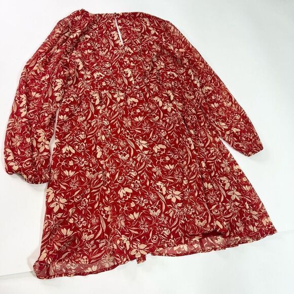 Torrid Dress Womens 4 Red & Gold Floral Keyhole Back Long Sleeve V-Neck - Picture 9 of 11